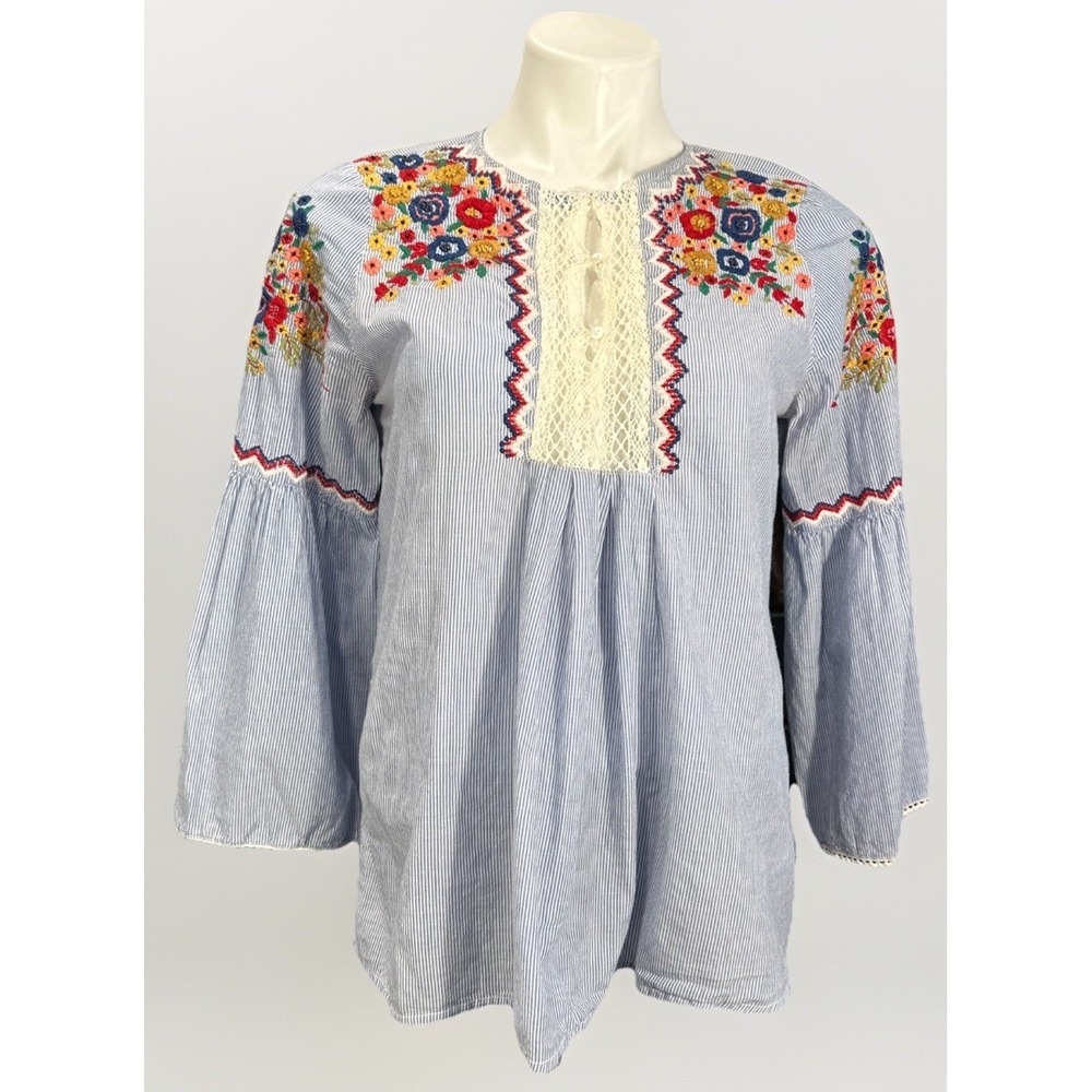 Zara Basic Medium‎ Blue Striped  Floral Embroidered Bell Sleeve Top